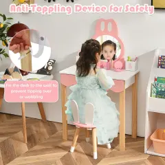 Kids Vanity Set Rabbit Makeup Dressing Table Chair Set with Mirror and Drawer White