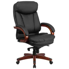 Emma and Oliver High Back Leather Executive Swivel Ergonomic Office Chair with Synchro-Tilt Mechanism, Mahogany Wood Base and Arms Black