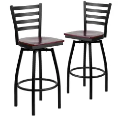 Emma and Oliver 2 Pack Ladder Back Swivel Metal Barstool Mahogany/BlackMetal