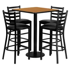 Emma and Oliver 30" Square Laminate Table Set with 4 Ladder Back Metal Barstools NaturalTop/BlackVYL