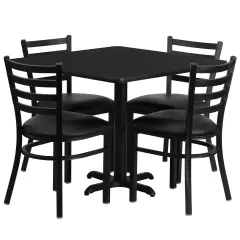 Emma and Oliver 36" Square Laminate X-Base Table Set with 4 Ladder Back Chairs BlackTop/BlackVinyl