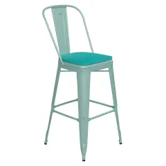 Emma and Oliver Nova Distressed Metal Stools with Backs and Polystyrene Seats for Indoor/Outdoor Use MintGreen/MintGreen