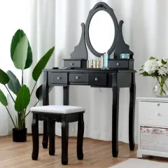 Wooden Vanity Set with 360&deg; Rotating Oval Mirror and Cushioned Stool Black