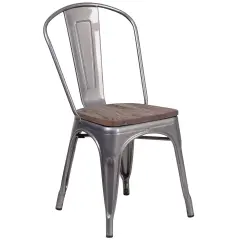 Merrick Lane Stackable Metal Vertical Slat Back Dining Chair with Textured Wood Seat Clear Coated