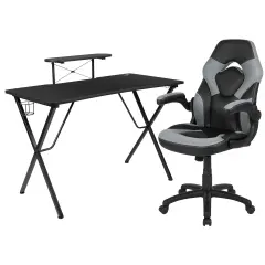 Emma and Oliver Gaming Desk and Racing Chair Set with Headphone Hook, and Monitor Stand Gray