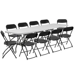 Emma and Oliver 30"W x 96"L Bi-Fold Plastic Event/Training Folding Table Set with 10 Folding Chairs Black