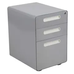 Emma and Oliver Ergonomic 3-Drawer Mobile Locking Filing Cabinet Storage Organizer Gray