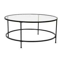 Merrick Lane Newbury Glass Coffee Table with Round Matte Gold Frame and Vertical Legs Clear/Matte Black