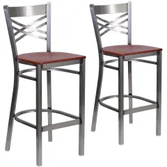 Emma and Oliver 2 Pack Clear Coated "X" Back Metal Restaurant Barstool Cherry/ClearCoated