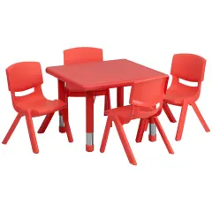 Emma and Oliver 24" Square Plastic Height Adjustable Activity Table Set with 4 Chairs Red