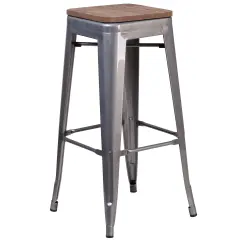 Merrick Lane Hamburg Clear Coated Gray Metal Bar Counter Stool With Textured Walnut Elm Wood Seat