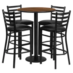 Emma and Oliver 30" Round Laminate Table Set with 4 Ladder Back Metal Stools WalnutTop/BlackVinyl