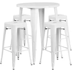 Emma and Oliver Commercial Grade 30" Round Metal Indoor-Outdoor Bar Table Set, 4 Backless Stools White