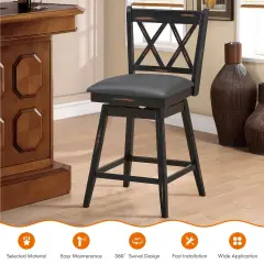 2 Pieces 25 Inch Swivel Counter Height Barstool Set with Rubber Wood Legs Black