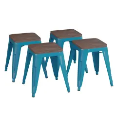 Emma and Oliver Set of Four Table Height Backless Stacking Welded Iron Stools with Wooden Seats and Under Seat Bracing for Indoor Use Teal