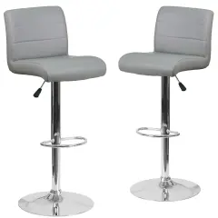 Emma and Oliver 2 Pack Contemporary Vinyl Adjustable Height Barstool with Rolled Seat and Chrome Base Gray