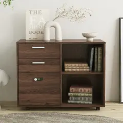Drawer Wood File Cabinet with coded Lock | Printer Stand with Open Storage Shelves for Home Office Brown Oak