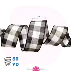 2.5" X 50 YD Wired Ribbon, Black and White, Buffalo Check Plaid Ribbon for Gift Wrapping, Christmas Decorations Indoor Home Decor, Craft Supplies & Materials