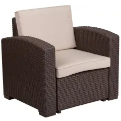 Merrick Lane Malmok Outdoor Furniture Resin Chair Faux Rattan Wicker Pattern Patio Chair With All-Weather Cushion Chocolate Brown