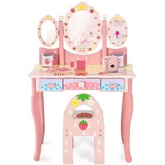 Kids Vanity Princess Makeup Dressing Table Chair Set with Tri-fold Mirror Pink