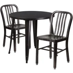 Emma and Oliver Commercial Grade 30" Round Metal Indoor-Outdoor Table Set & 2 Slat Back Chairs Black-Antique Gold