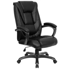 Emma and Oliver High Back Leather Layered Upholstered Executive Swivel Ergonomic Office Chair with Smoke Metal Base and Padded Arms Black