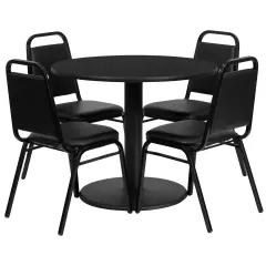 Emma and Oliver 36" Round Laminate Table Set with 4 Trapezoidal Banquet Chairs BlackTop/BlackVinyl
