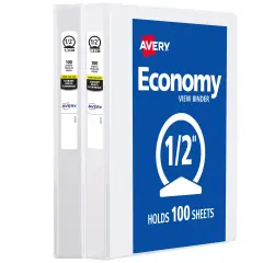 Avery 1/2" Economy View Binder, Round Rings, 2 White Binders (05706)