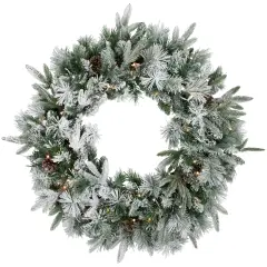Northlight Real Touch&trade;️ Pre-Lit Flocked Rosemary Emerald Angel Pine Artificial Christmas Wreath - 30" - Clear LED Lights Green