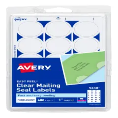 Avery Mailing Seals, Permanent Adhesive, Clear, 1" Diameter, 480 Labels (5248)