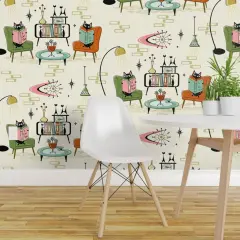 Pre-Pasted Wallpaper 2FT Wide Mid Century Modern Retro Cats 1950S Inspired Atomic Age Vintage Style Custom Pre-pasted Wallpaper by Spoonflower