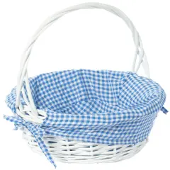 White Round Willow Gift Basket, with Gingham Liner and Handles Blue