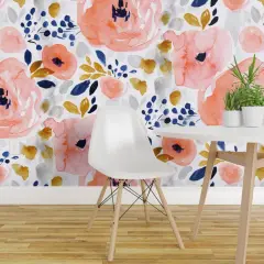 Pre-Pasted Wallpaper 2FT Wide Large Scale Floral Pink Coral Watercolor Bloom Peachy Girls Feminine Bright Custom Pre-pasted Wallpaper by Spoonflower