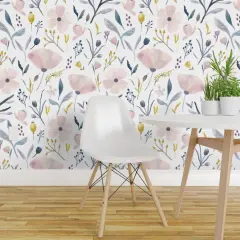 Peel & Stick Wallpaper 2FT Wide Pastel Flowers Floral Botanical Gardens Feminine Pink Purple Spring Farmhouse Easter Custom Removable Wallpaper by Spoonflower
