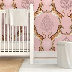 Pre-Pasted Wallpaper 2FT Wide Pink Paisley Tiger Bohemian India Pale Damask Water Color Animal Print Custom Pre-pasted Wallpaper by Spoonflower
