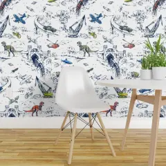 Pre-Pasted Wallpaper 2FT Wide Whimsical Blue White Dinosaur Shark Helicopter Car Space Travel Custom Pre-pasted Wallpaper by Spoonflower
