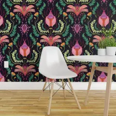 Pre-Pasted Wallpaper 2FT Wide Bugs Damask Nature Art Deco Garden Spring Kids Nouveau Black Pink Teal Beetles Dandelions Insects Caterpillar Custom Pre-pasted Wallpaper by Spoonflower