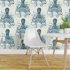 Pre-Pasted Wallpaper 2FT Wide Octopus Sea Coastal Nautical Vintage Beach Summer Animal Custom Pre-pasted Wallpaper by Spoonflower