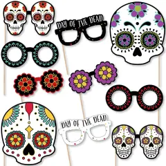 Big Dot of Happiness Day of the Dead Glasses and Masks - Paper Cardstock Sugar Skull Party Photo Booth Props Kit - 10 Count