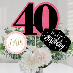 Big Dot of Happiness Chic 40th Birthday - Pink, Black and Gold - Birthday Party Centerpiece Sticks - Table Toppers - Set of 15