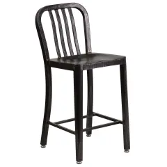 Merrick Lane Santorini Galvanized Steel Indoor/Outdoor Counter Bar Stool With Slatted Back And Powder Coated Finish Black-Antique Gold