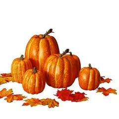 Thanksgiving Decorations Artificial Pumpkins, Realistic Foam Yellow Pumpkin with 100 pcs Maple Leaves Made of Cloth, Fall Decorations for Home Kitchen Table Indoor Outdoor