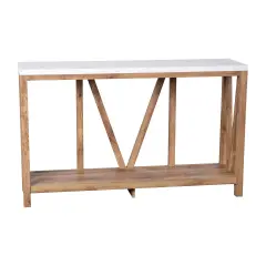 Merrick Lane Erikson Modern Farmhouse Engineered Wood Sofa Table with Wood Bracing and Lower Shelf Warm Oak/Marble
