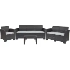 Merrick Lane Greta 4 Piece Faux Rattan Patio Furniture Set with Included Cushions, Chair, Sofa, Loveseat and Coffee Table Dark Gray