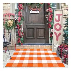 KILOCOCO Halloween Door Mat 27''x43'' Orange Outdoor Rug for Halloween/Thanksgiving Washable Fall Doormat Buffalo Check Rug Layered Front Door Mat for Porch/Farmhouse/Entryway/Patio Fall Decor