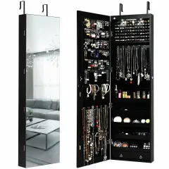 Wall and Door Mounted Mirrored Jewelry Cabinet with Lights Black
