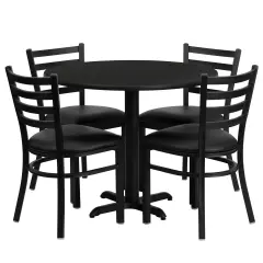 Emma and Oliver 36" Round Laminate X-Base Table Set with 4 Ladder Back Chairs BlackTop/BlackVinyl