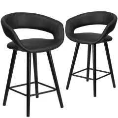 Emma and Oliver 2 Pk. 24'' High Contemporary Vinyl Counter Height Stool with Cappuccino Wood Frame Black