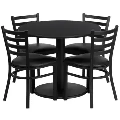 Emma and Oliver 36" Round Laminate Table Set with 4 Ladder Back Metal Chairs BlackTop/BlackVinyl