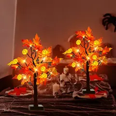 2 Pack & Timer 24 Inch Lighted Maple Tree Fall Decor, Total 48 LED Battery Operated Tabletop Artificial Tree Design Patent Pumpkin & Acorn Thanksgiving Halloween Decoration Home Indoor